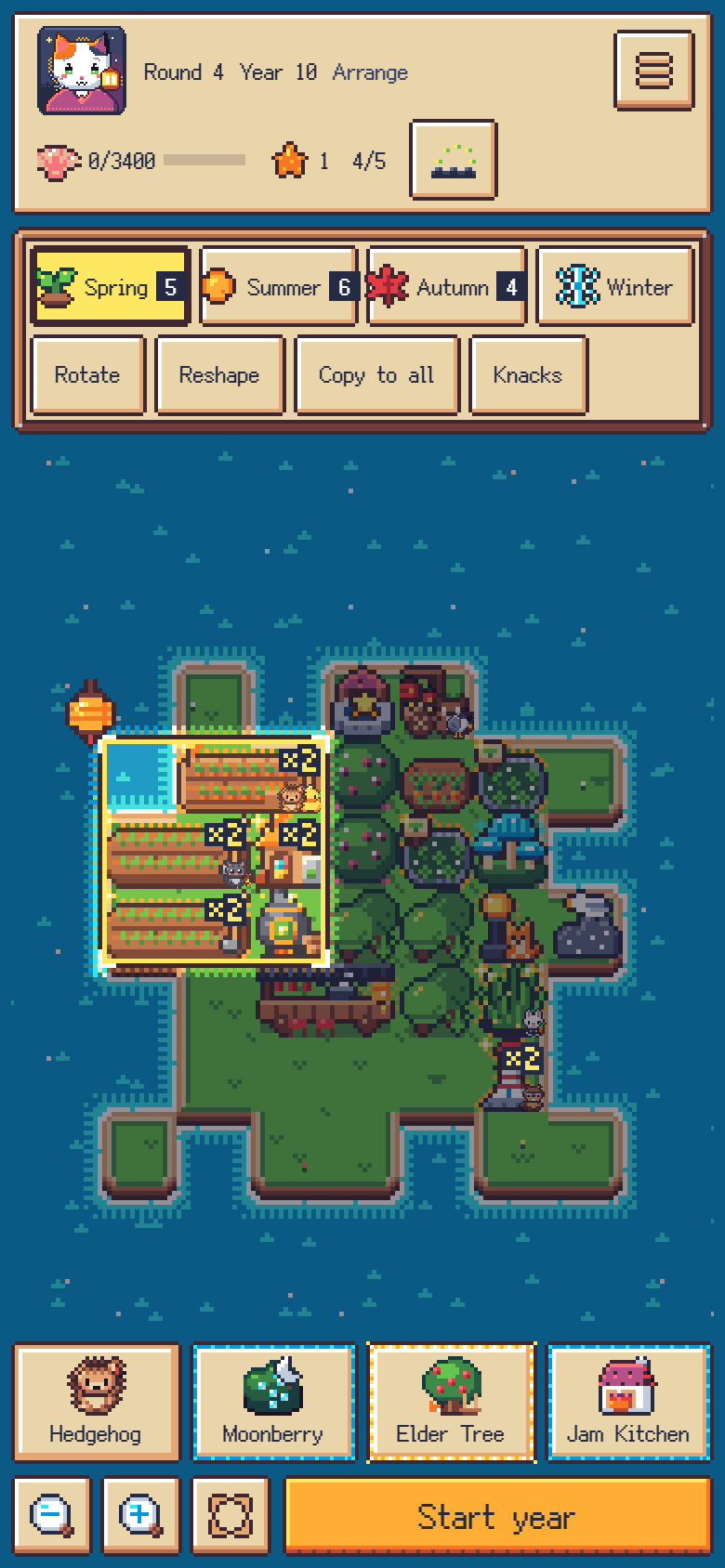 Buildings and residents on the island; the lamplit patch works a night shift